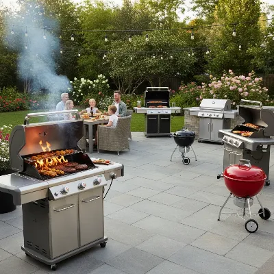 An assortment of propane gas grills displayed in a modern backyard setting, with food cooking on one grill and families enjoying the space, bright sunlight, realistic style.