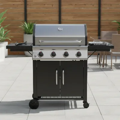 A shiny silver Char-Broil Performance gas grill under 0, with four burners and side shelves, in a bright outdoor patio setting, eye-level shot, realistic style