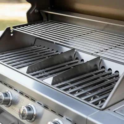 A clean gas grill interior with shiny grates, flame tamers, and burners, ready for cooking.