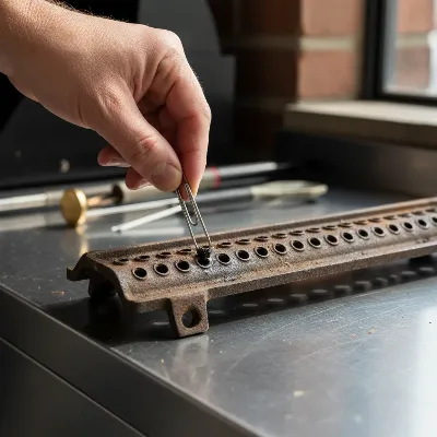 Close-up of a hand cleaning gas grill burner ports with a wire brush