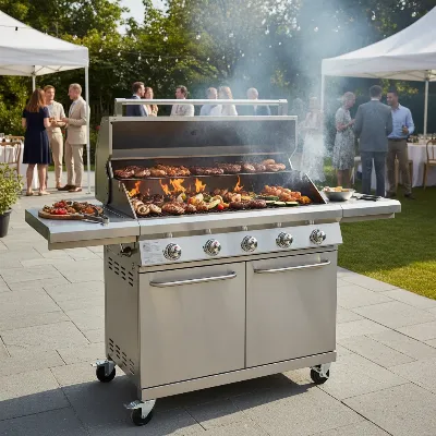A sleek, heavy-duty commercial gas grill with multiple burners actively cooking various foods for a large party, set up outdoors on a sunny day. The grill is made of gleaming stainless steel, with flames visible under cast iron grates, and surrounded by fresh ingredients.