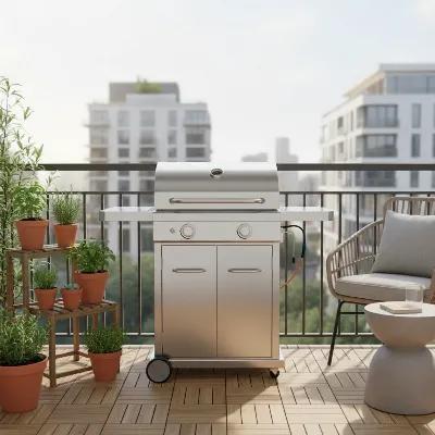 A sleek 2-burner gas grill on a small, urban balcony with potted plants, showing its space-saving design.
