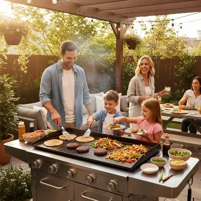 A family enjoying food cooked on a flat top grill outdoors