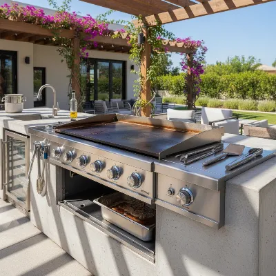 A flat top gas grill with multiple burners, side shelves, and a grease management system