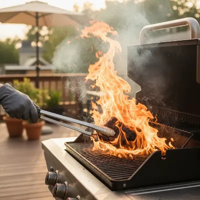 A gas grill with a large flare-up engulfing food on the grates, showing intense flames and smoke, with a panicked hand holding tongs.