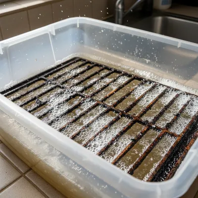 Rusty gas grill grates soaking in a tub of vinegar and baking soda solution