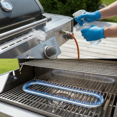 A person performing a leak test on a gas grill connection with soapy water, and then checking for a proper blue flame from the newly installed burner tubes.