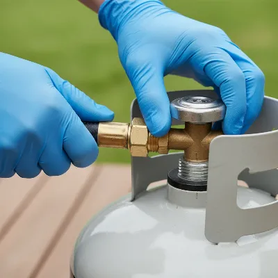 A close-up image showing hands carefully aligning a gas grill's regulator hose with a propane tank valve.
