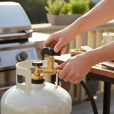 Man resetting a gas grill regulator with the propane tank off