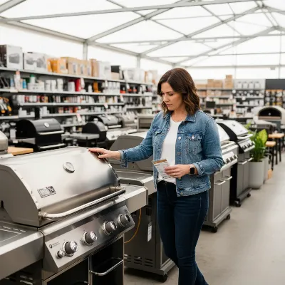 Choosing a gas grill, person looking at models in a store