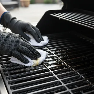 A person carefully seasoning a clean gas grill grate with cooking oil using a cloth