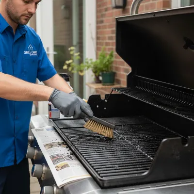 A person meticulously cleaning the grates of a propane gas grill with a brush, emphasizing care and proper maintenance, soft lighting, close-up shot, realistic style.