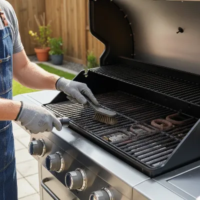 Person cleaning and inspecting a propane gas grill for safety