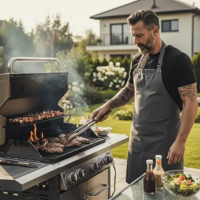 A confident person using long tongs to manage food on a gas grill, with small, controlled flames, demonstrating expertise and safe grilling practices.