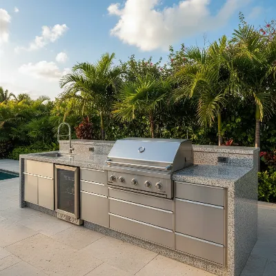 A luxurious outdoor kitchen featuring a sleek, modern built-in gas grill integrated into a stone counter