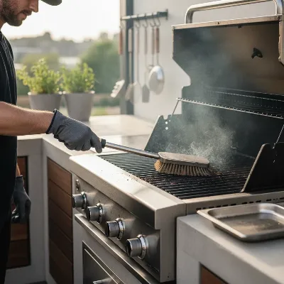 A person diligently cleaning the grates of a built-in gas grill with a brush after cooking