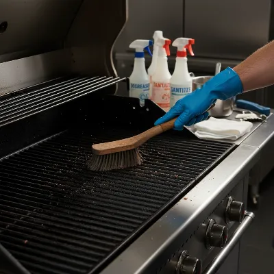 A professional chef meticulously cleaning the stainless steel grates of a large commercial gas grill with a heavy-duty brush, surrounded by cleaning supplies, under soft indoor lighting.