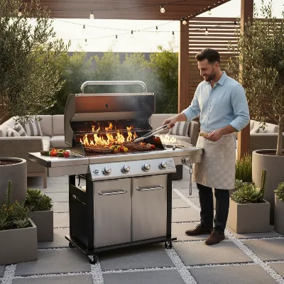 Monument Grills Mesa II 4-Burner Propane Gas Grill on a modern patio with sizzling food