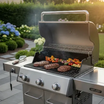 Napoleon Rogue XT 425 gas grill in a modern backyard setting, with food cooking on the grates.