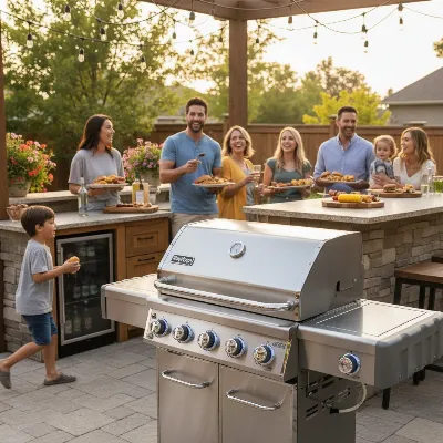 Napoleon Rogue XT 425 gas grill in an outdoor kitchen setting, surrounded by family and friends.