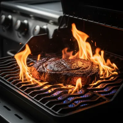 Close-up of the Napoleon Rogue XT 425's infrared SIZZLE ZONE side burner searing a steak.