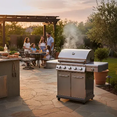 A Nexgrill 4-burner gas grill in a modern backyard setting at sunset, with food grilling.