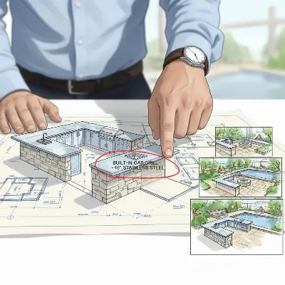 A person reviewing blueprints for an outdoor kitchen, pointing at the designated space for a built-in gas grill