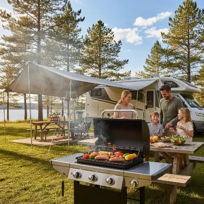 A family gathered around a portable gas grill at a scenic campsite, with an RV in the background, illustrating convenient outdoor cooking.