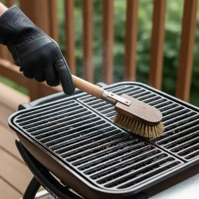 Close-up of a hand cleaning portable gas grill grates with a wire brush, emphasizing maintenance for longevity.