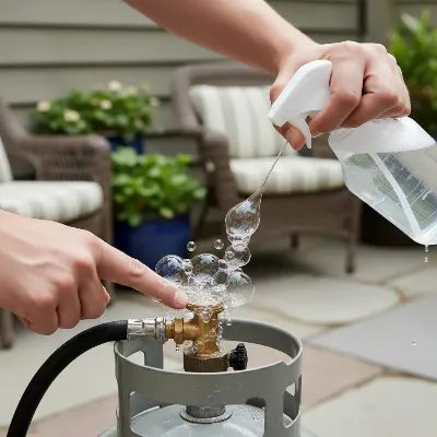 Man performing a soapy water leak test on a propane gas grill hose and connections