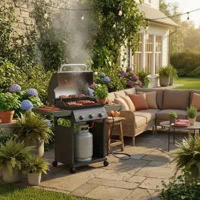 A portable propane grill with a visible gas tank on a vibrant backyard patio.