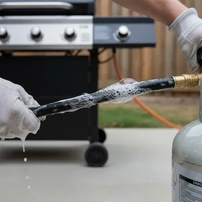 A person performing a propane leak test on a gas grill hose with soapy water, showing bubbles indicating a leak.