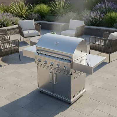 A sleek, modern stainless steel gas grill with multiple burners on a well-maintained outdoor patio setting, bathed in warm sunlight, ready for grilling