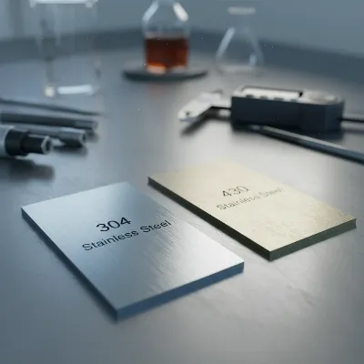 A side-by-side comparison of 304 and 430 stainless steel, showing their differing visual qualities and perhaps small labels indicating composition, set in a clean, industrial environment