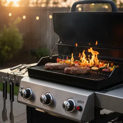 A Weber Spirit II E-310 gas grill actively cooking various foods