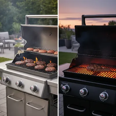 A split image showing a sleek stainless steel Weber gas grill on the left and a robust, modern black Napoleon gas grill with illuminated knobs on the right, both perfectly prepared for grilling.